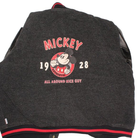 Vintage Men Disney XXL Mickey Mouse Embroidered Varsity Blk Wool Leather Jacket - Picture 3 of 9